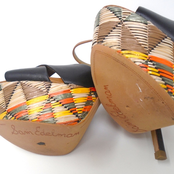 SAM EDELMAN BLACK LEATHER STRAPPY WOVEN HEELS - Picture 7 of 7